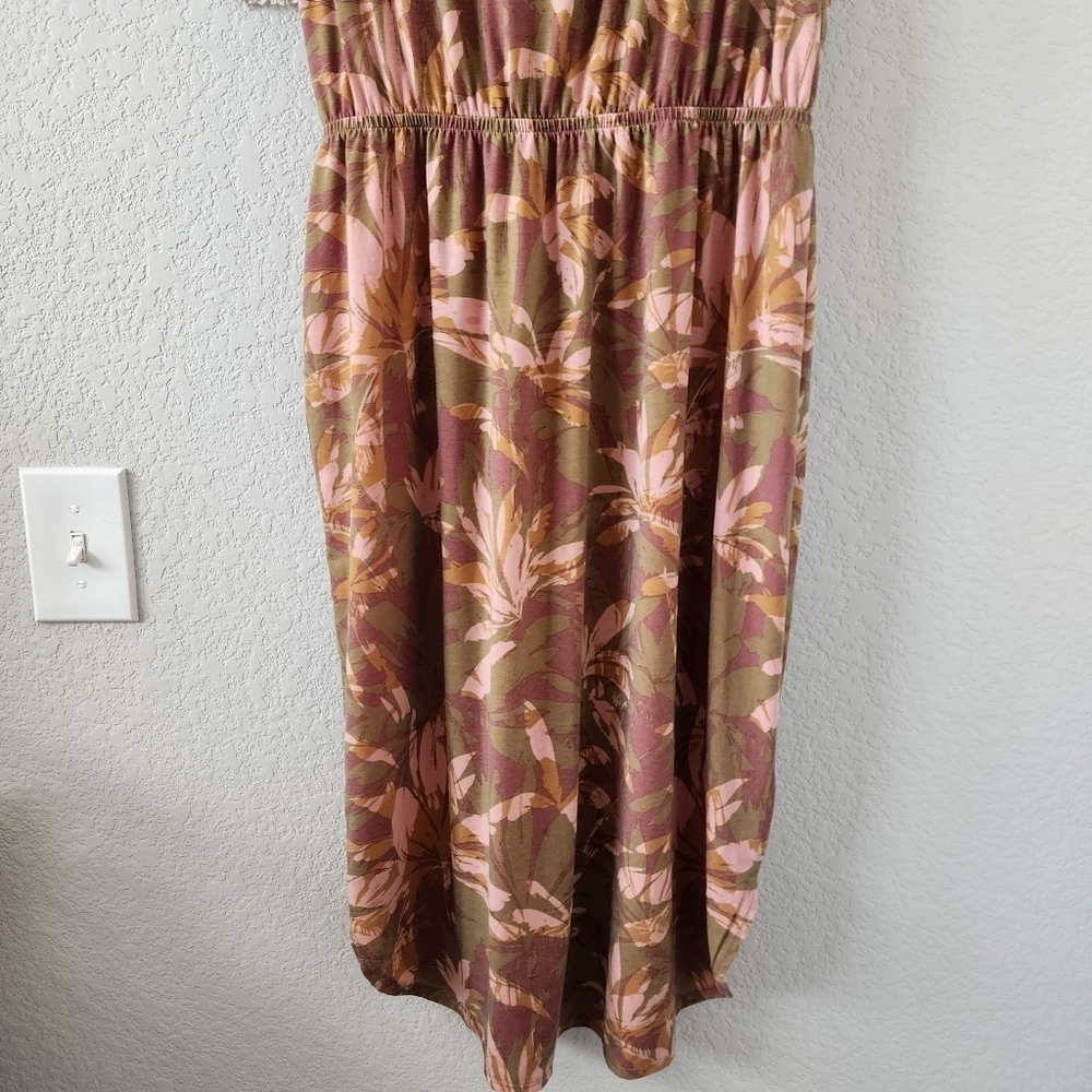 Prana Olive Brown Floral Midi Dress with Pink Accents - Picture 5 of 12